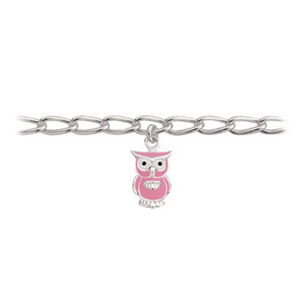 Støvring Design\'s søde sølv armbånd til børn med lille uglevedhæng, med lyserød og hvid emalje
