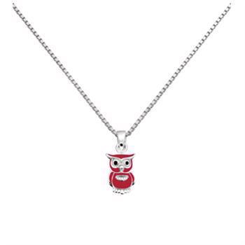 Støvring Design's søde sølv kæde med vedhæng til børn, med lille ugle vedhæng, med hvid og rød emalje, kæde 36 cm