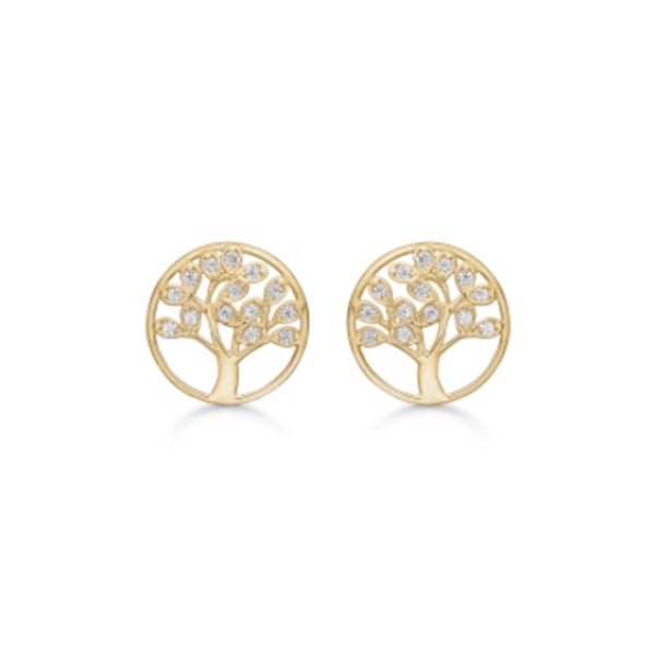 Elegante 10 mm ørestikker i 8 karat guld. Cirkel med Liveste Træ med glitrende zirkonia. fra Støvring Design