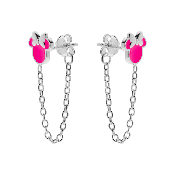 Sølv Minnie Mouse ørehængere med kædelås og pink emalje